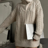 MQTIME  -  Warm Zipper High Collar Fried Dough Twists Sweater Loose Casual Pullover Knitted Long Sleeve Top Versatile Simple Women's Wear