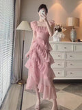 MQTIME  -  Fairy Style Dress 2024 Summer New Patchwork Pleated Ruffle Edge Long Skirt For Women Irregular Square Neck A-Line Chiffon Dress