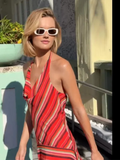 MQTIME  -  Fashion Striped Halter Dress Women Elegant Sleeveless Backless Irregular Hem Midi Dresses Summer Lady Vacation Robes
