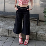  MQTIME  -  Y2K Stylish Streetwear Faux Two-Piece Splicing Design Loose Fit Versatile Straight Cut Cropped Trousers