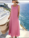MQTIME  -  Casual and comfortable daily sleeveless summer new dress fashionable and loose solid color round neck mid length dress
