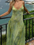 MQTIME  -  Temperament V Neck Spaghetti Strap Sleeveless Low Waist Vintage Vacation Long Women's Dress
