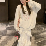 Mqtime  Autumn New Korean Cartoon Printing Loose Casual Long-sleeved Sweatshirt Women Asymmetric White Cake Skirt Two-piece Suit