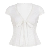  MQTIME  -  High Street Euramerican Summer Deep  V Neck Short Sleeve Straps Shirts Y2k Aesthetic Crochet Hollow Out Clothes Sweet Casual Top