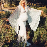  MQTIME  -  Flare Sleeve Lace Pregnancy Dresses Photoshoots Pregnant Session Photos V Neck Sexy Bodycon Floor Length White Maxi Long Dress