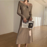 Mqtime Knitted Dress For Women In Autumn And Winter, High-End Design, Gentle And Unique Style, One Shoulder Slim Fitting Wa