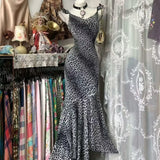 MQTIME  -  Modern Women Black & White Leopard Print Mermaid Evening Gown Flowy Chiffon Spaghetti Strap Bodycon Formal Party Vintage Dresses