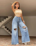 MQTIME  -  Summer New High Waist Retro Loose Hole Wide Leg Pants Light Color Washed New Jeans Women's Pants jeans