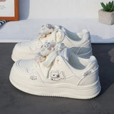 MQTIME  -  Women Cute Puppy Print Platform Sneakers, Cream White Thick Sole Lace Up Board Shoes Kawaii Girls Casual Student Footwear