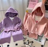 MQTIME  -  Spring Autumn Children Girl 2PCS Clothes Set Cotton Zipper Hooded Outwear Coat Solid Flared Pant Baby Girl Suit Kid Girl Outfits