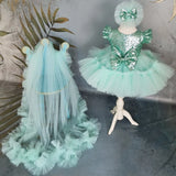 MQTIME Cyan Flower Girl Dresses Tulle With Bow And Tailing Short Sleeve For Wedding Birthday Party Banquet Princess Gowns
