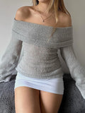 MQTIME  -  Women's Y2K Cute Off Shoulder Sweaters Chest Folding Slash Neck Flare Long Sleeve Slim Fit Knitted See-through Tops