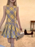 MQTIME  -  Streetwear Yellow Palid A-Line Dress Design Sleeveless Fairy Dress Vintage Classical Plaid Prom Gown Fashion Office Lady
