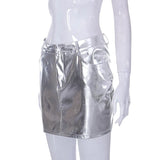 MQTIME  - Metallic Gilding PU Leather Mini Pencil Skirts Women Summer High Waist Button Fly Pockets Shiny Y2K Skirt All Matching Petticoat