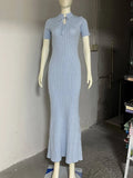 MQTIME  -  Short Sleeve Knitted Long Dress Female Slim Hollow Retro Elegant Sweater Dress 2025 Summer New High Waist Women‘s Dress