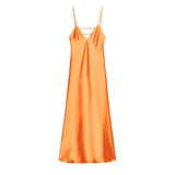 MQTIME  -  Fashion Lady Elegant Sling Maxi Dresses Solid Sleeveless Backless V Neck Slim Fit Long Satin Gowns New Evening Party Robes