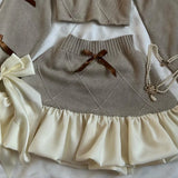 MQTIME  -  Y2K Knitted Splicing Short Skirt Two Piece Set Women Knitted Long Sleeved Sweater Cute Bow Mini Pleated Skirt Autumn Winter Suit
