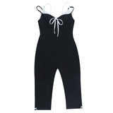 MQTIME  -  Lace Color Patchwork Bows Camisole Jumpsuits Women Sexy V Neck Spaghetti Straps Backless Skinny Capris Rompers Street Overalls