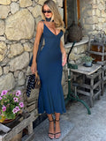 MQTIME  -  Sexy Spaghetti Strap Bodycon Ruched Summer Dress Women's Long Dress Fashion Elegant V-neck Holiday Summer Party Dress