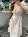 MQTIME  -  Woman Dress Sweet Square Collar Drawstring Square Collar Short Sleeve Summer Fashion Princess Female Elegant Dresses