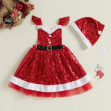 MQTIME  -  3 Colors Lovely Kids Girls Christmas Dress Outfit Sleeveless Backless Sequined Patchwork Slip Dress with Hat