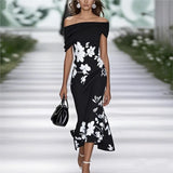  MQTIME  -  Elegant Summer Commuting Long Dress Flower Print Off Shoulder Women's A-line Dress New Fashion Hollow High Waist Wrap Hip Dress