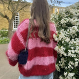 MQTIME  -  Women Autumn Winter Loose Fit Knitwear Jumpers Vintage Striped Fuzzy Knitted Sweater Casual Boat Neck Long Sleeve Pullover Tops