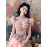MQTIME  -  High end French Hepburn Style Unique Pink Flower Long Dress Summer Sweet Bubble Sleeve Waist Slimming Vintage Dress for Women