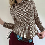 MQTIME  -  Spring New Design Color Contrasting Versatile Fine Grid Cotton Collar Long Sleeve Shirt for Women