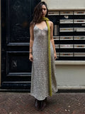  MQTIME  - Silvery Sequin Fashion Long Dress Women's Backless Slim High Waist Patchwork Elegant Party Dress Female Glitter Maxi Dress
