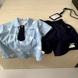  MQTIME  -  Boys' Suit Spring and Summer New Children's Wear Korean Boy Baby Cartoon Cloud Tie Shirt Shorts Two-piece Set Simple