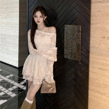 MQTIME  -  French Diagonal Neck Lace Splicing Dress Women Autumn New Temperament Lotus Leaf Edge Waist Long Sleeve Short Vestido