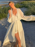 MQTIME  -  sexy Women's two pieces set dress Suits  Lace Trim V-Neck Dresses Belted Maxi Robe Loungewear Chic  Sexy Beach home Outfit