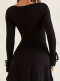 MQTIME  -  Summer Spring Women's Clothing Square Neck Long Sleeve Slim Fit Dress For Knit Polyester A Line High Waist Short Sexy Out