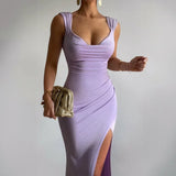 MQTIME  -  Lady New Slim High Waist Split Dress Temperament High Waist Sleeveless Halter Dress Summer New Solid Color Bodycon Evening Dress