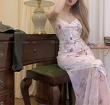 MQTIME  -  Sexy Pink Floral Printing Strap Mermaid Maxi Dress Women Lace Trim Summer V Neck Bow Slim Romantic Vacation Bag Hip Long Dress