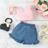 MQTIME  -  2Piece Summer Baby Clothes Toddler Girl Outfits Set Korean Fashion Big Bow Tops+Denim Shorts Children Boutique Clothing