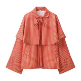 MQTIME  -  Stand Collar Plaid Cape Overcoat Tie Front Outerwear Autumn omen Retro Street Fashion Jacket Chic Outdoor Ladies Outer Top