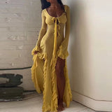 MQTIME  -  Elegant Low Cut Hollow Out Evening Party Dress Women Sexy Split Lace Up Ruffle Long Dress Casual Flared Sleeves Solid Maxi Dress