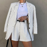 MQTIME  -  Fashion Two Piece Set Elegant Office Lady Lapel Long Sleeve Striped Print High Waist Shorts Set Gift Belt
