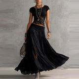  MQTIME  -  New Spring Summer Short Sleeve Outfit Women's O Neck Patchwork Lace Top & Pleated Maxi Skirts Set Casual Bohemian Two Piece Suit