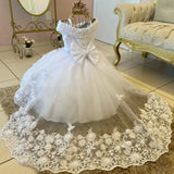MQTIME  -  White Flower Girl Dresses Flory Appliques Pearls With Bow And Tailing Sleeveless For Wedding Birthday Banquet Gowns