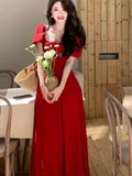 MQTIME  -  Summer New Dot Print Women Slim Red Dress French Vintage A-line Lady Clothes For Eve Prom Casual Short Sleeve Fiesta Maxi