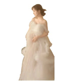MQTIME  -   Women Elegant Heavy Embroidery White Off Shoulder Train Maternity Wedding Gown for Pregnancy Photo Shoot Studio Portrait Dress