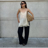 MQTIME  -  Solid Lace Patchwork Sling Tops Lady Casual Sleeveless V Neck Chic Loose Backless Short Vest Summer Vacation Street Wear