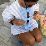 MQTIME  -  Women's Casual Striped 2 Piece-Set Shorts Contrast Bow Lace-Up Cardigan Loose Shorts Daily Party Fashion Female Sets New