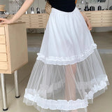 MQTIME  - Solid Color Elegant Ladies Elastic Fashion Patchwork Net Yarn High Waist A-line Skirt Summer Sweet White Black Women's Clothing