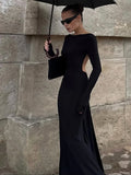 MQTIME  -  Classic Bead Backless Dress Women Sexy Slash Neck Full Sleeve Simple Fashion Stretch Banquet Party Elegant Vestidos