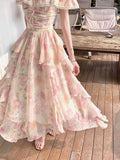 MQTIME  -  Elegant Seaside Vacation Floral Printed Dress Summer Off Shoulder Women Camisole Dress Slim Casual Ruffles Fairy Dress