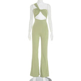  MQTIME  -  Twist One Shoulder Flare Jumpsuits Sexy Hollow Out Strapless Backless Slim Casual Streetwear Overalls Women Solid Rompers